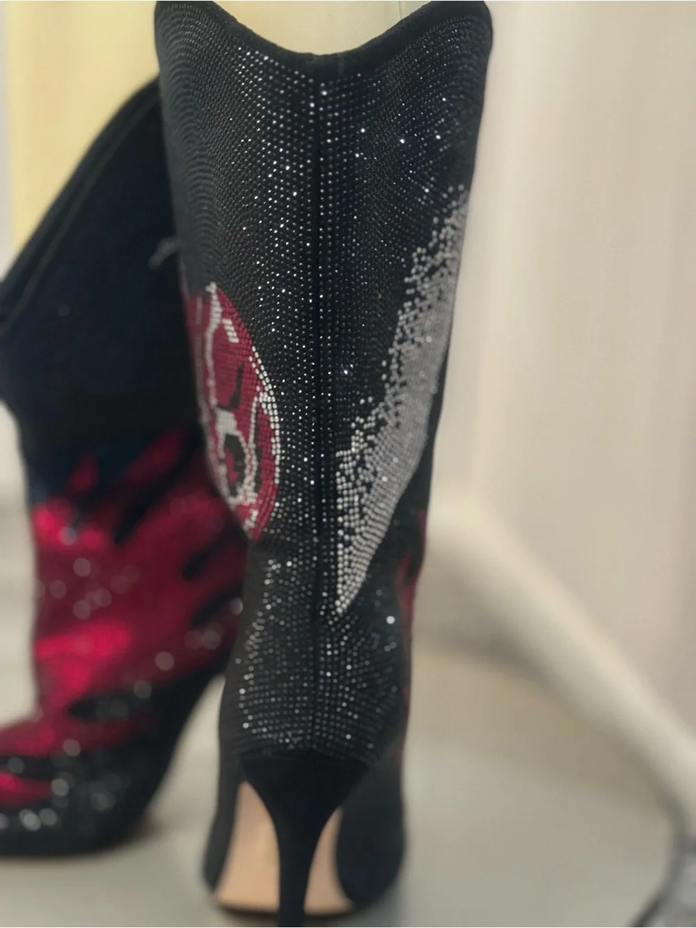 Black and Red Crystal Skull Flame Stiletto Boots . New without original box.